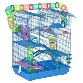 5 Tiers Hamster Cage, Extra Large, Small Animal House, Wheels, Tubes, Water Bottle, Ladder, Blue
