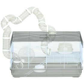 Compact Gerbil or Dwarf Hamster Cage with Tubes, Exercise Wheel, Food Dish & Water Bottle, 23"x13"x12", Gray