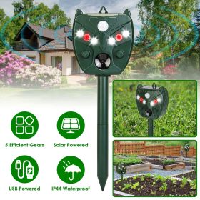 5Setting Outdoor Ultrasonic Deterrent Unit, Solar and Micro USB Dual Charging, PIR Motion Detection, IP44 ABS Construction, 2Way Mount for Garden