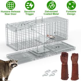 Humane Cat Trap Cage With Gloves Catch Release Live Animal Rodent Cage Collapsible Galvanized Wire for Raccoons Beavers Groundhogs Foxes Armadillos