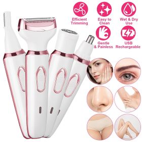 4 In 1 Electric Razor for Women Painless Grooming Kit Rechargeable Eyebrow Nose Hair Pubic Hair Bikini Trimmer Face Shaver